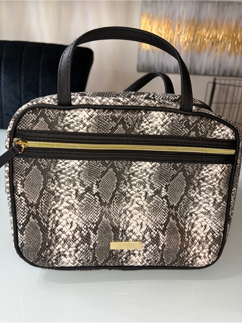 Trina Turk Black and Cream Snake-Print Cosmetic Case with Gold Zip